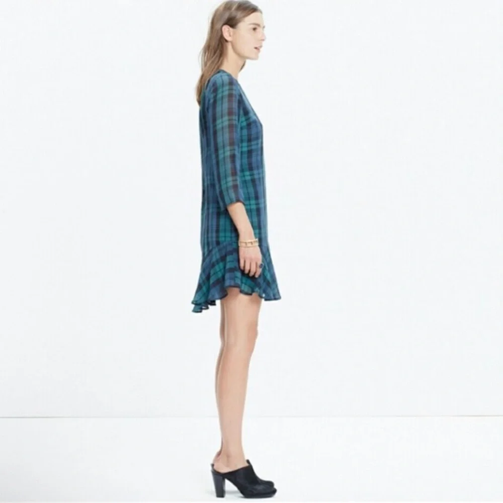 Madewell 100% Silk Plaid Dress - Blue and Green, Ruffle Hem, Size 2